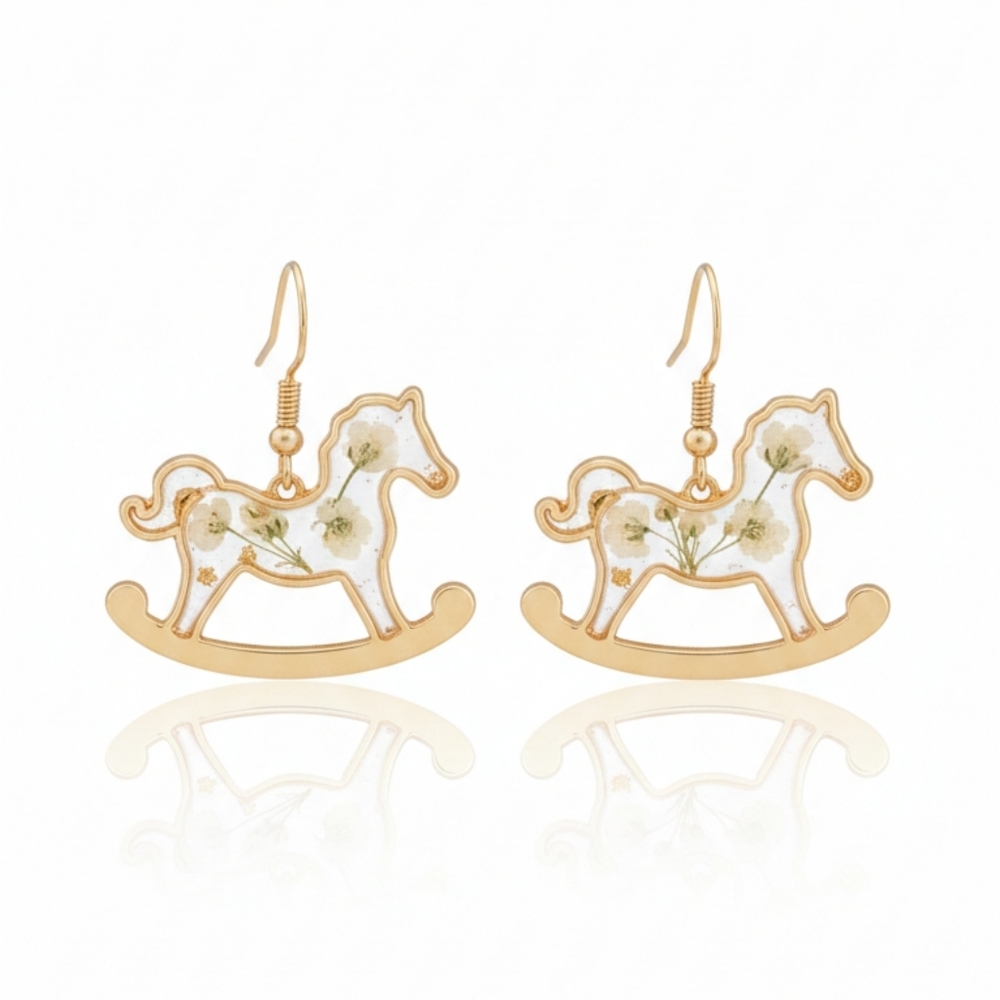 🆕️ Artisan With Real Floral & Resin Gold Rocking Horse Earrings Design